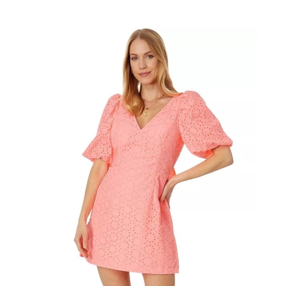 Lilly Pulitzer Celestina V-Neck Romper Sz 14 Sunrise Coral Pink Sunburst Eyelet